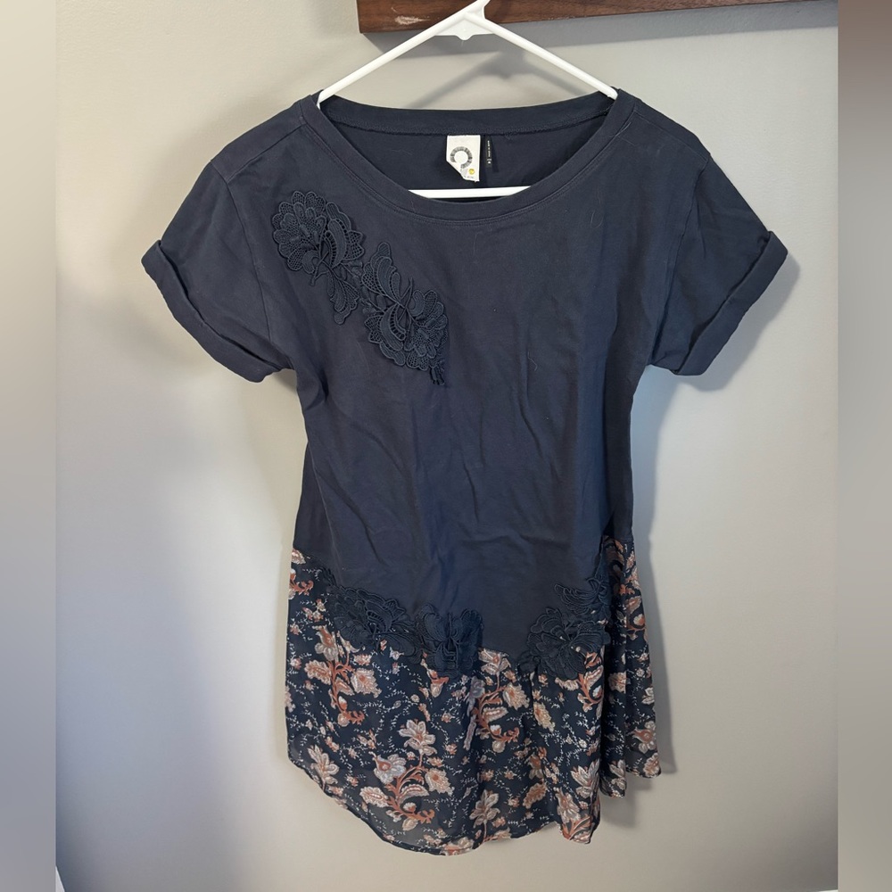 Anthropologie Navy Shirt with floral design on bottom